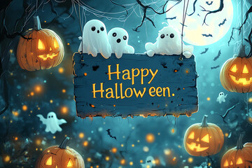 A festive Happy Halloween sign displayed in a spooky setting, perfect for celebrating the holiday with eerie decor and atmosphere