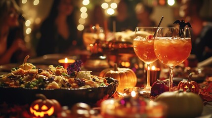 A festive Halloween party table decorated with themed dishes, drinks, and party favors, with guests in costumes