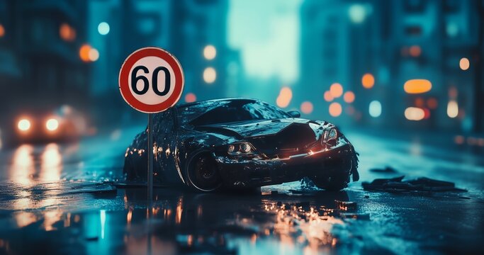 Night City Crash: 60km/h Speed Limit Ignored. A wrecked car lies in the rain-slicked streets of a futuristic city, a stark 60km/h speed limit sign looming nearby.