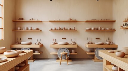A minimalist pottery wheel studio with individual stations, each equipped with a wheel, a stool, and shelves for tools and clays The walls are adorned only with finished pottery, emphasizing the craft