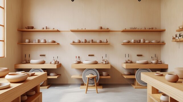 A minimalist pottery wheel studio with individual stations, each equipped with a wheel, a stool, and shelves for tools and clays The walls are adorned only with finished pottery, emphasizing the craft