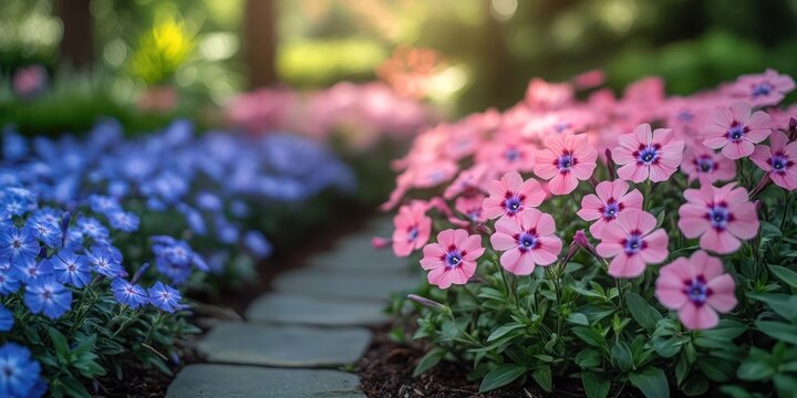 summer garden in Delaware with vibrant pink phlox flowers in full bloom. lush green backdrop, perfect for mindfulness and serene walks, nature background