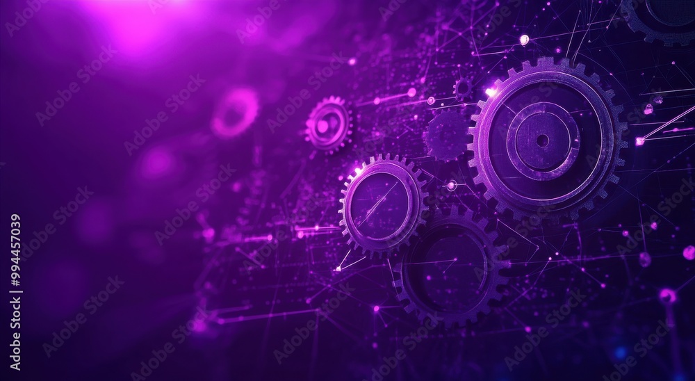 Poster digital graphic featuring interconnected gears with a purple background, representing technology and