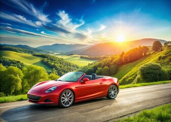 Fototapeta premium Sleek Cabriolet Sports Car Parked on a Scenic Road Surrounded by Lush Nature and Blue Skies