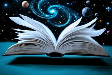 A dreamlike scene where an open book floats in space, its pages turning into swirling galaxies and black holes as planets orbit the words