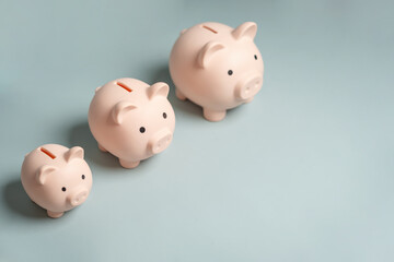 finance, wealth, fund, savings, income, insurance, invest, investor, mortgage, profit. Three small piggy banks are lined up. The piggy banks are all the same color and have a cute design.