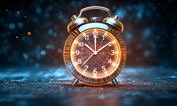 A glowing alarm clock with a digital wireframe design.