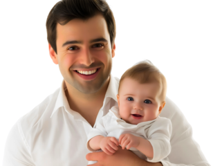 Father holding baby isolated on transparent background, loving dad cradling infant with care, parent portrait showcasing family love and bond, happy adult man embracing child