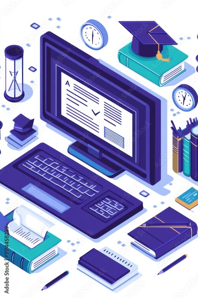 Poster flat illustration of an online learning environment with computer monitor and educational tools