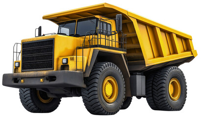 Mining truck isolated on transparent background, yellow industry machine for heavy transport, large vehicle used in construction sites, wheel loader equipment for excavation