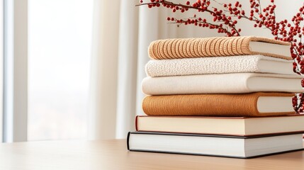 A stack of knitted sweaters sits neatly with books and red berries on top, bathed in soft light near a window adorned with twinkling lights, creating a cozy atmosphere