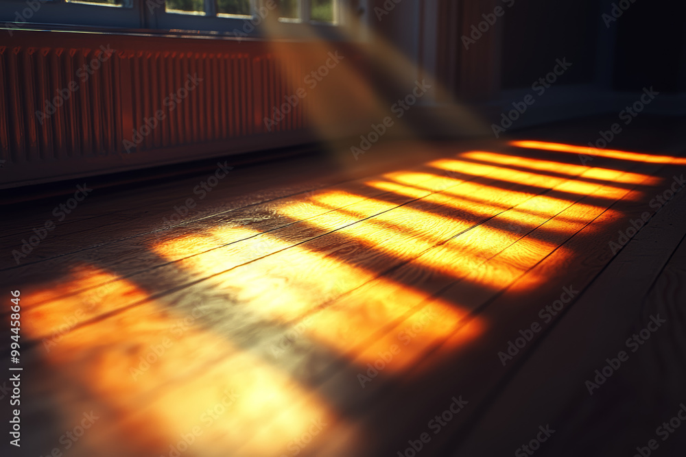 Poster sunlight passing through blinds, creating striped patterns on the floor. concept of design.