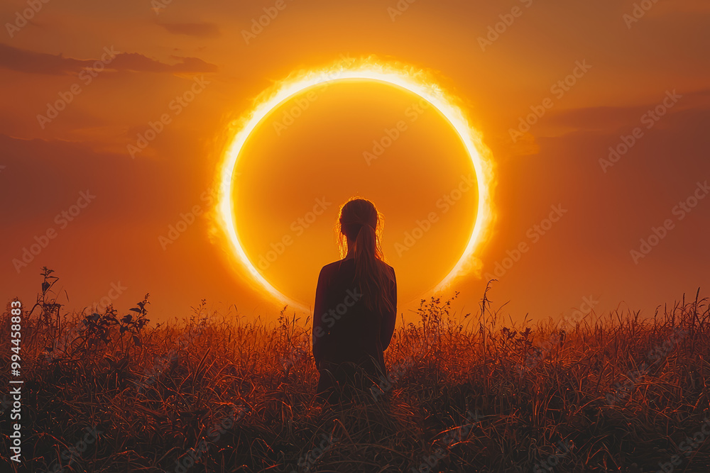 Poster sun rays creating a golden halo around a person standing in a field, representing warmth and energy.
