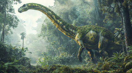 Obraz premium A sauropod dinosaur in a dense, misty jungle, with a long neck gracefully extended upward, moss and lichen covering its rough, scaly
