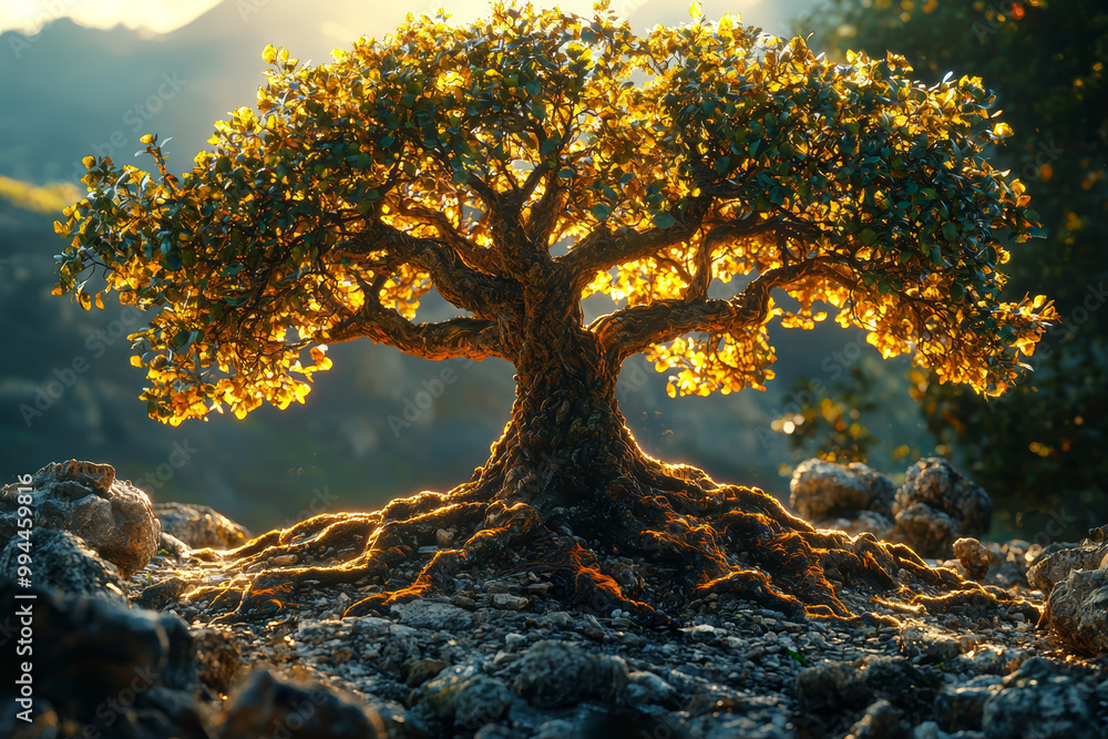 Poster an old tree with deep roots and gnarled branches, representing resilience through time. concept of e