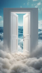 3D rendering of an open white door surrounded by sea waves in a ocean A fantasy landscape with a blu