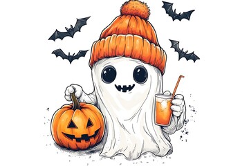Cute ghost wearing beanie with pumpkin and orange juice for Halloween