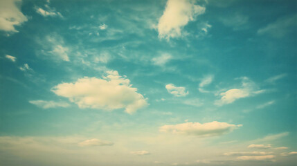 Obraz premium Sky with fluffy clouds, blue and white vintage scene, retro faded atmosphere, old fashioned aged wallpaper, cloudy nature backdrop with grunge texture