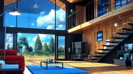 Fototapeta premium Modern living room with glass walls overlooking scenic landscape.