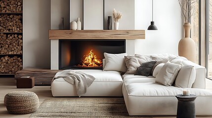  White corner sofa near fireplace. Scandinavian home interior design of modern living room. 