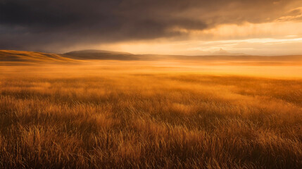 Grassland stretching to horizon at sunset, steppe landscape bathed in golden light, tundra meadow under dramatic sky, vast prairie field showcasing nature's beauty