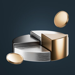 3D Pie Chart with Gold, Silver, and Bronze Segments Visual Representation of Financial Distribution