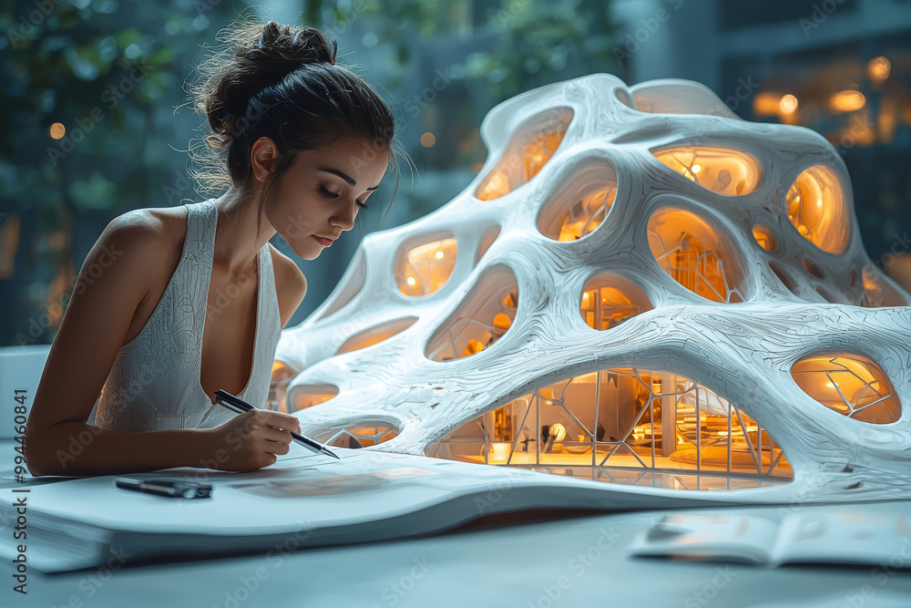 Poster an architect designing a futuristic building with sustainable materials and unique shapes. concept o