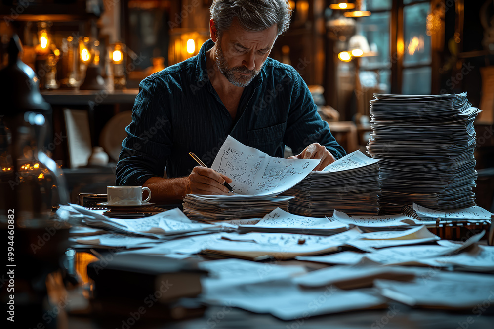 Poster a writer with multiple drafts spread across a desk, refining and shaping their story. concept of cre