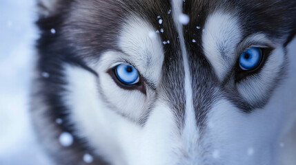 Husky face in closeup portrait, striking blue eyes and snow white fur, beautiful pet dog with wolf like features, Siberian breed showcasing majestic animal beauty