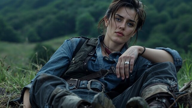 Confident woman in nature, relaxing outdoors with edgy style.