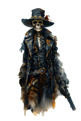 Fototapeta premium Halloween skeleton cowboy ranger portrait in a black hat and jacket. Watercolor clipart illustration isolated on transparent background. PNG, cutout.