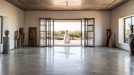 Fototapeta premium A minimalist sculpture studio with concrete floors, a high ceiling, and large doors that open to let in natural light The space is uncluttered to focus on the creation of sculptures