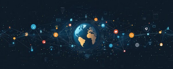 Flat  illustration of global communication connecting people and technology across the world showcasing a digital network