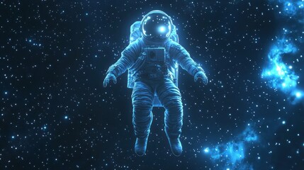 A lone astronaut floating in space against a backdrop of stars and nebulae.