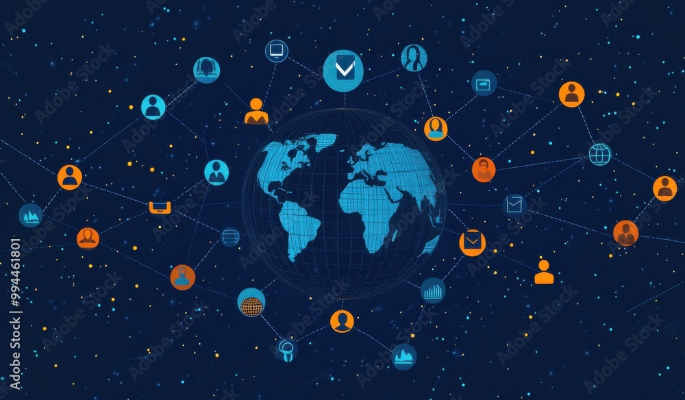 Poster global network communication and technology connections across the world represented in a flat illus