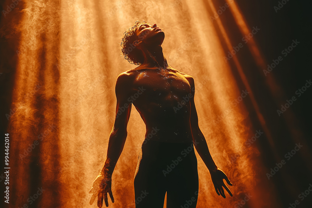 Poster a silhouette of a dancer in front of a bright spotlight, creating a dramatic contrast of light and s