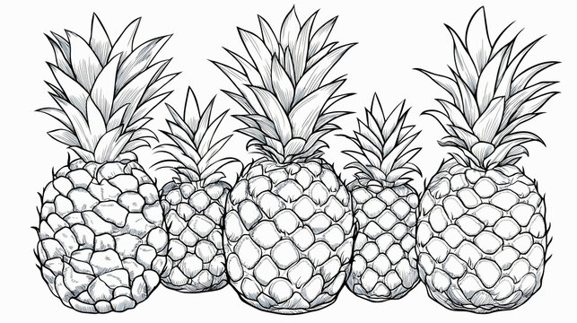 Pineapple outline for coloring book enthusiasts, tropical fruit sketch on blank page, contour drawing of exotic produce, illustration designed for creative summer