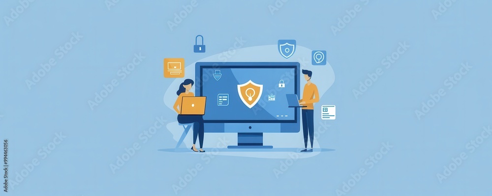 Poster flat illustration of two people protecting a computer screen depicting cybersecurity concepts with s