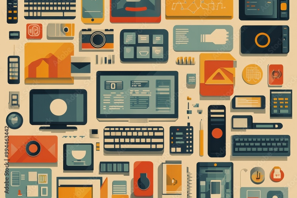 Poster flat illustration depicting a diverse array of digital gadgets and technology items, showcasing mode