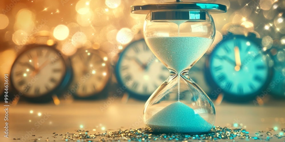 Poster an artistic representation of an hourglass symbolizing time. the background features soft bokeh effe