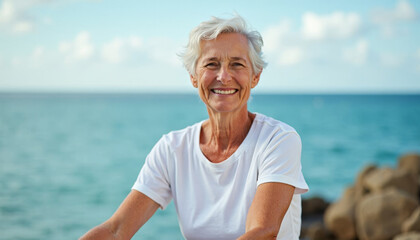 Happy elderly woman in white t-shirt on the seashore