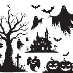 Halloween a witch ghost and hunter home silhouette set vector art illustration ,