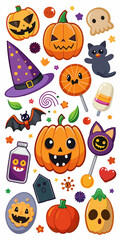 A fun and festive collection of Halloween-themed illustrations, perfect for adding a touch of spooky charm to your designs. This playful set includes pumpkins, ghosts, bats, candy, and more.