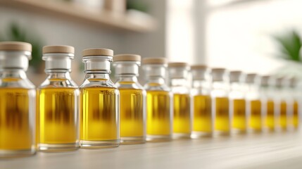 Clear glass bottles filled with amber liquid arranged neatly on a countertop in a bright room