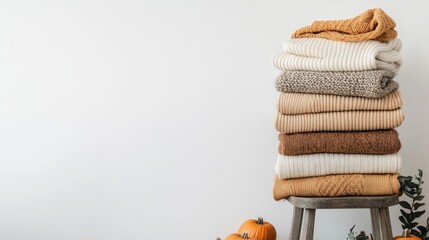 A stack of warm, autumn-colored sweaters is layered on an old wooden chair. Small pumpkins sit on top, enhancing the cozy atmosphere with soft lighting illuminating the textures