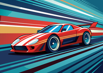 Obraz premium A sleek, red sports car with white racing stripes zooms across a vibrant, abstract background. The dynamic lines create a sense of speed and power, perfect for projects related to automotive.