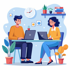 A vibrant illustration depicting two individuals collaborating at a desk, each engrossed in their laptops. The scene exudes a sense of teamwork and focus.