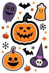 A set of adorable Halloween-themed illustrations, featuring pumpkins, bats, ghosts, and witches' hats, perfect for adding a touch of spooky fun to your projects.