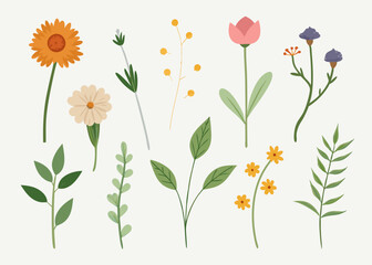 A collection of hand-drawn floral illustrations featuring a variety of flowers, leaves, and stems. Perfect for adding a touch of nature to your designs, these whimsical graphics are ideal for cards.