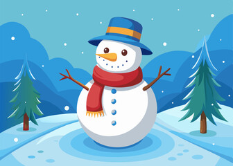 A cheerful snowman with a blue hat and red scarf stands in a snowy winter landscape. The cartoon style illustration features a whimsical scene with a snowy background.